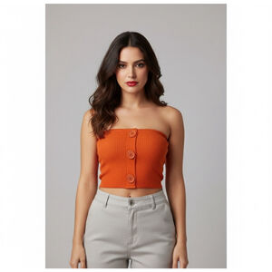 Urban Outfitters Orange Retro Ribbed Strapless Button Crop Top Bralette Small